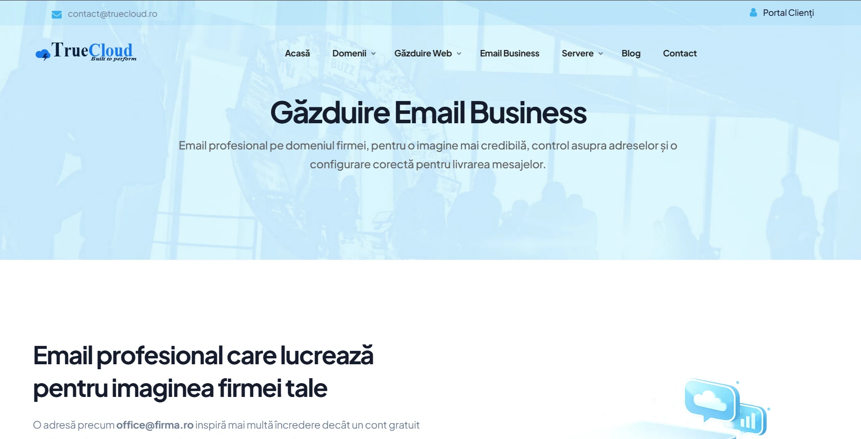 Pagina Email Business de pe site-ul TrueCloud