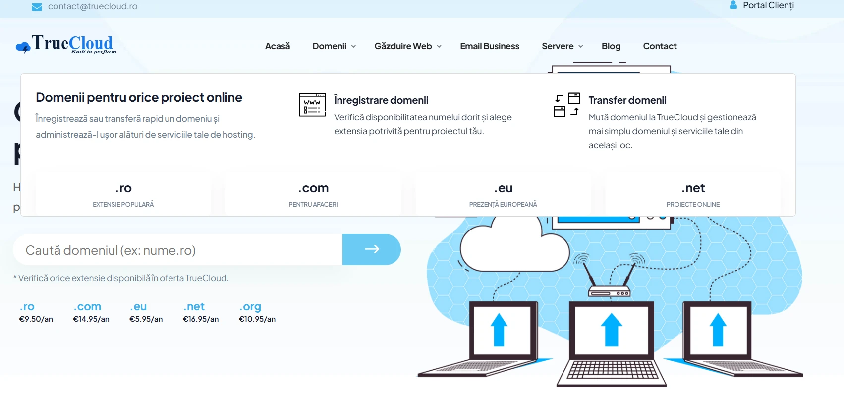 Meniul extins al site-ului TrueCloud, cu categoriile de servicii de găzduire