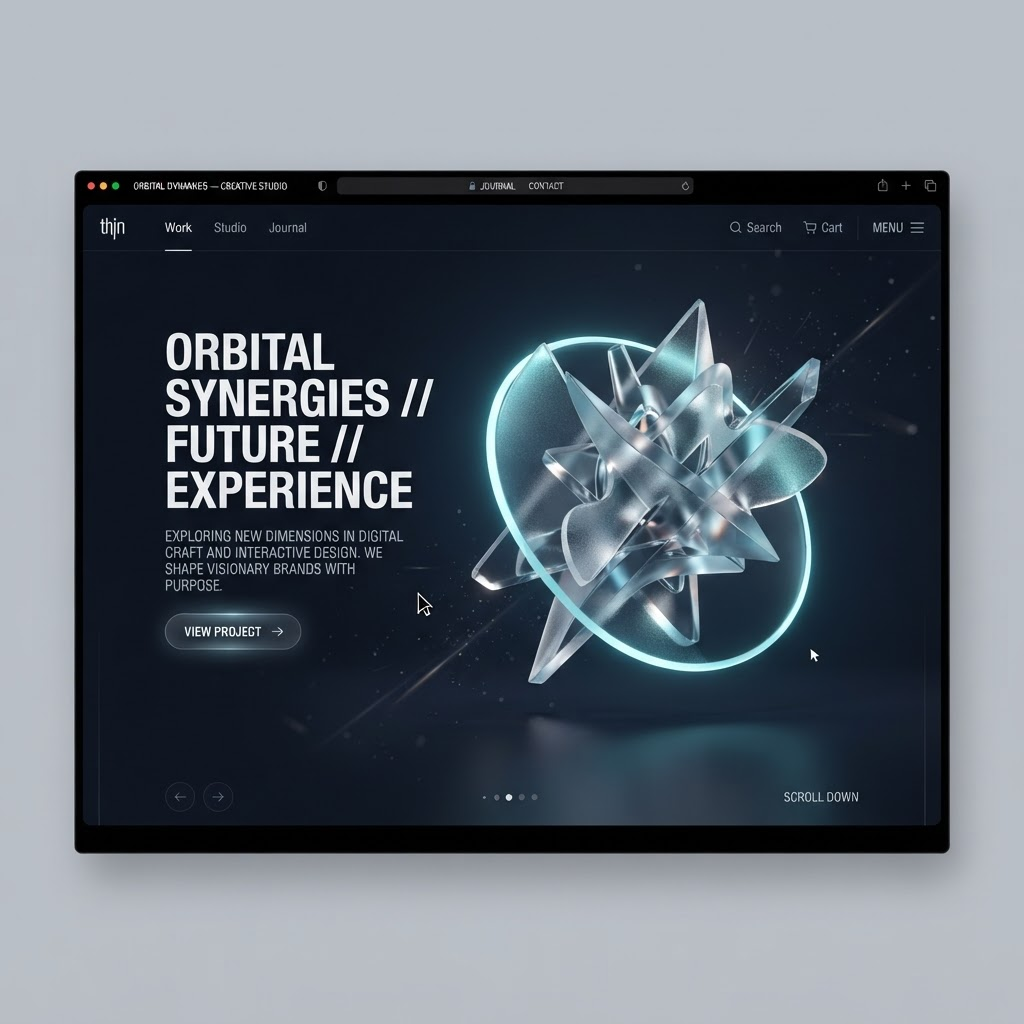 Concept de design WebNex pentru o experiență interactivă, cu obiect 3D animat în centrul paginii